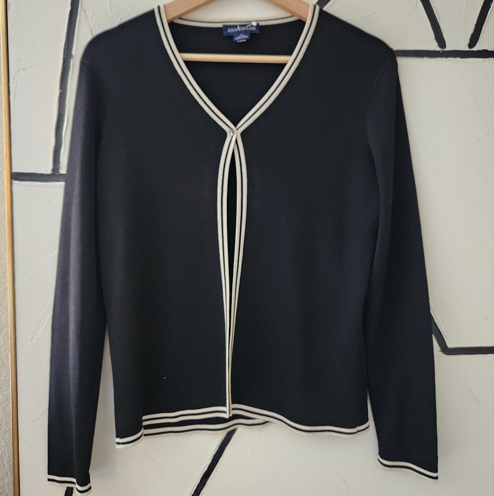 Ann Taylor Vintage Silk Black Cardigan with White Trim Size Small